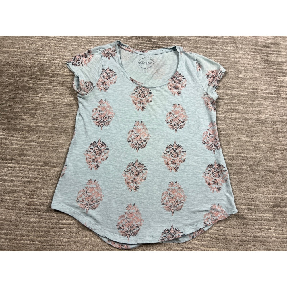 Lucky Brand Top Womens Small Blue Floral Medallion Scoop Neck Short Sleeve Boho
